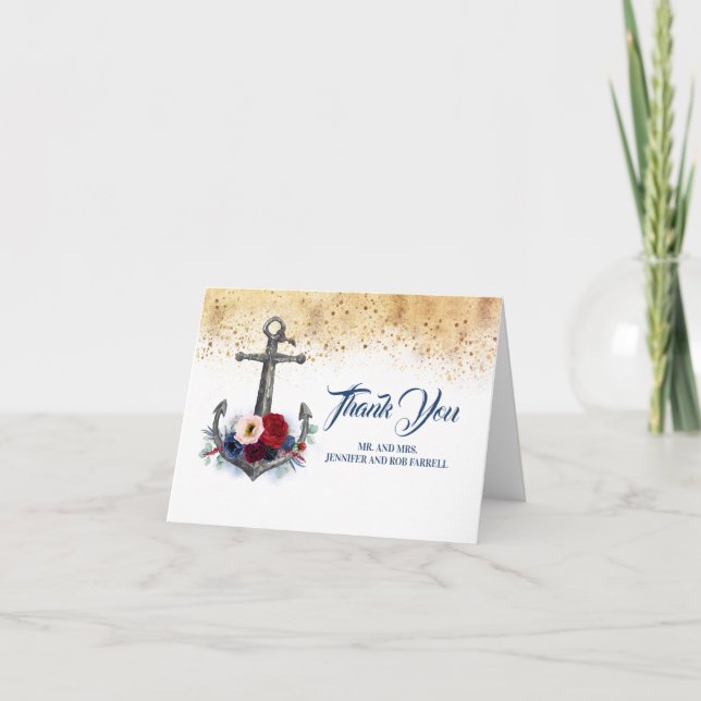 Nautical Floral Anchor Wedding Vielen Dank Dankeskarte (Vorderseite)