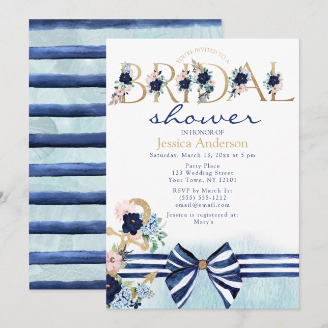 Nautical Floral Royal Blue und Gold Brautparty Einladung (Vorne/Hinten)