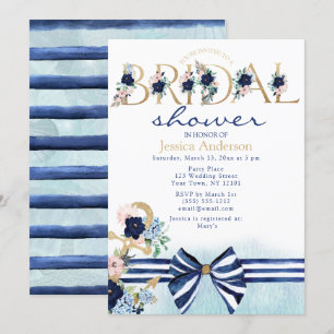 Nautical Floral Royal Blue und Gold Brautparty Einladung