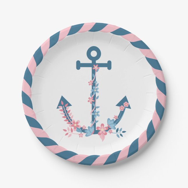 Nautical Floral Ship Anchor Pink Blauer Blütenrose Pappteller (Vorderseite)