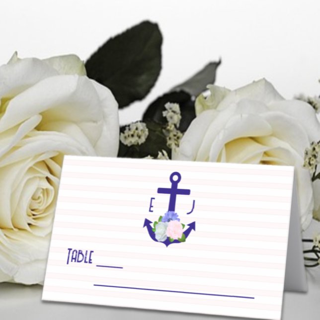 Nautical Floral Stripes Wedding Platzkarte (Von Creator hochgeladen)