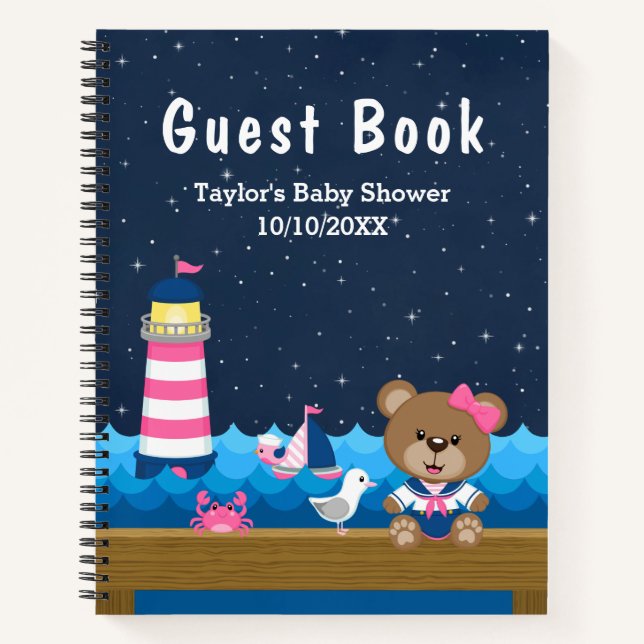 Nautical Girl Bear Pink Baby Shooting Gästebuch Notizbuch (Vorderseite)