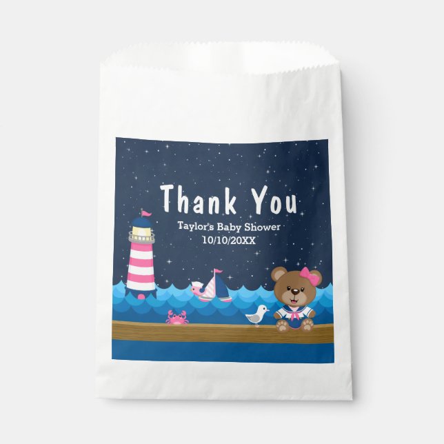 Nautical Girl Bear Pink Babydusche Danke Geschenktütchen (Vorderseite)