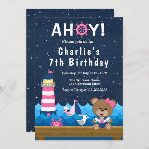 Nautical Girl Bear Pink und die Geburtstagsparty d Einladung