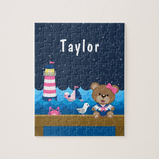 Nautical Girl Bear Pink und Navy (Vertikal)