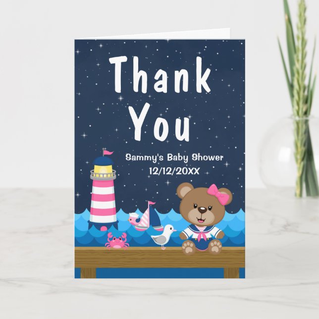 Nautical Girl Bear Pink und Navy Baby Dusche Dankeskarte (Vorderseite)