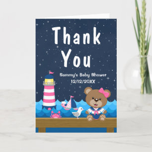 Nautical Girl Bear Pink und Navy Baby Dusche Dankeskarte