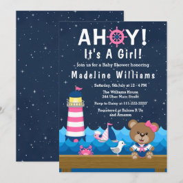 Nautical Girl Bear Pink und Navy Baby Dusche Einladung