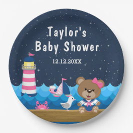 Nautical Girl Bear Pink und Navy Baby Dusche Pappteller