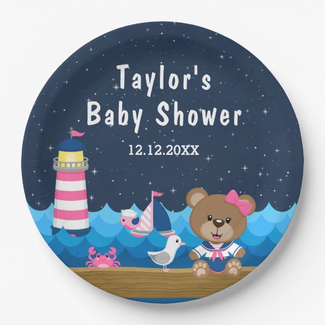Nautical Girl Bear Pink und Navy Baby Dusche Pappteller (Vorderseite)