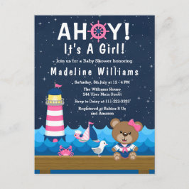 Nautical Girl Bear Pink und Navy Baby Dusche Postkarte