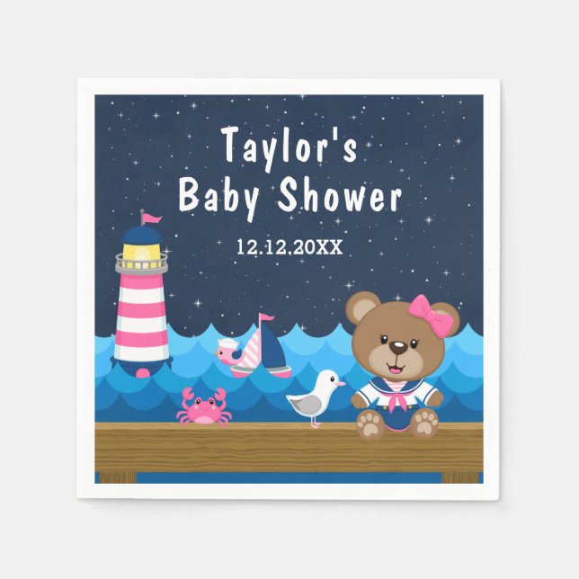 Nautical Girl Bear Pink und Navy Baby Dusche Serviette (Vorderseite)