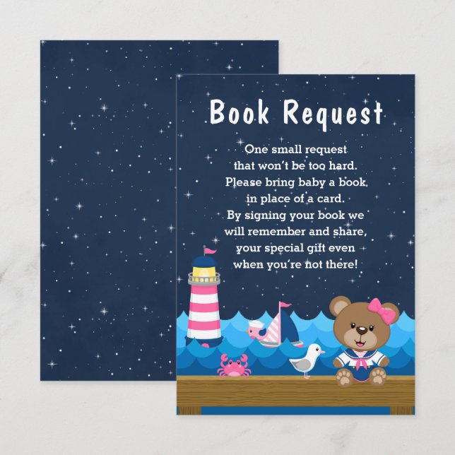 Nautical Girl Bear Pink und Navy Book Request Begleitkarte (Vorne/Hinten)