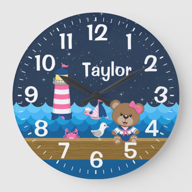 Nautical Girl Bear Pink und Navy Große Wanduhr (Vorderseite)