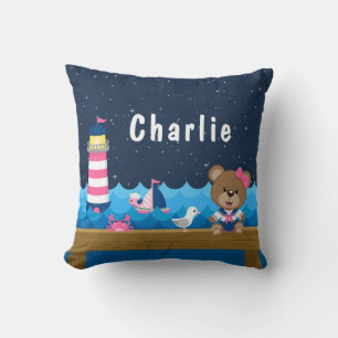 Nautical Girl Bear Pink und Navy Kissen