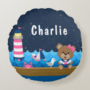 Nautical Girl Bear Pink und Navy Rundes Kissen