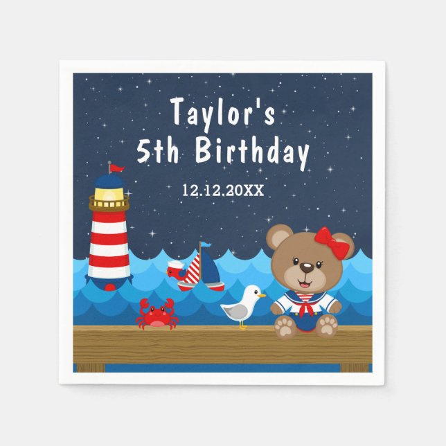 Nautical Girl Bear Red and Navy Birthday Party Serviette (Vorderseite)