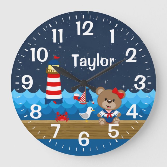Nautical Girl Bear Red and Navy Große Wanduhr (Vorderseite)