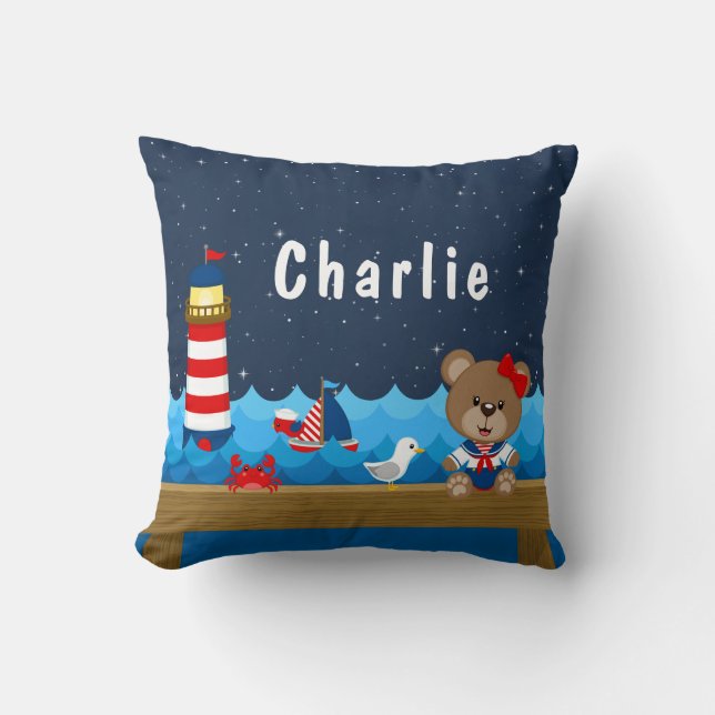 Nautical Girl Bear Red and Navy Kissen (Vorderseite)