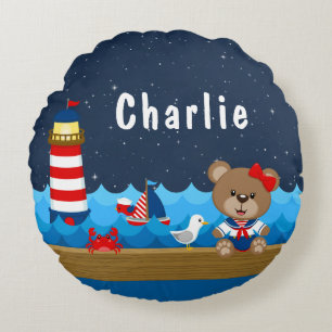 Nautical Girl Bear Red and Navy Rundes Kissen