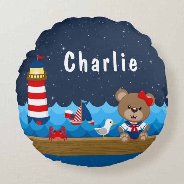 Nautical Girl Bear Red and Navy Rundes Kissen (Vorderseite)