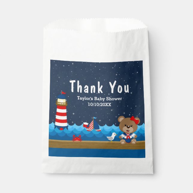 Nautical Girl Bear Red Baby Dusche Vielen Dank Geschenktütchen (Vorderseite)