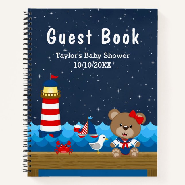 Nautical Girl Bear Red Baby Shooter Gästebuch Notizbuch (Vorderseite)