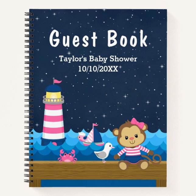 Nautical Girl Monkey Pink Baby Shooting Gästebuch Notizbuch (Vorderseite)