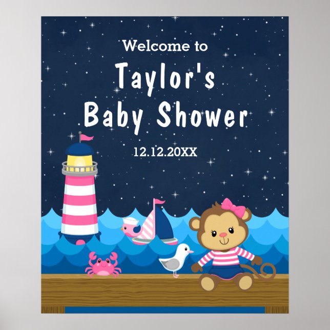 Nautical Girl Monkey Pink Navy Baby Dusche Willkom Poster (Vorne)
