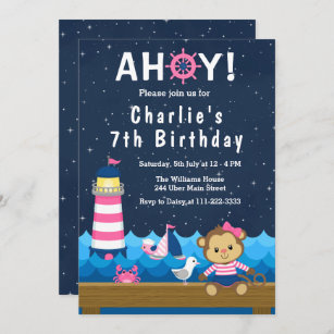 Nautical Girl Monkey Pink und die Geburtstagsparty Einladung