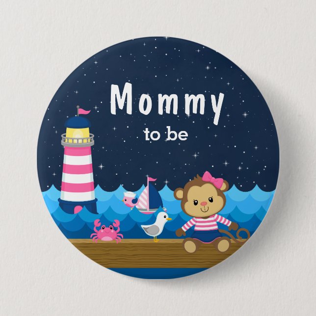 Nautical Girl Monkey Pink und Marinemommy zu sein Button (Vorderseite)