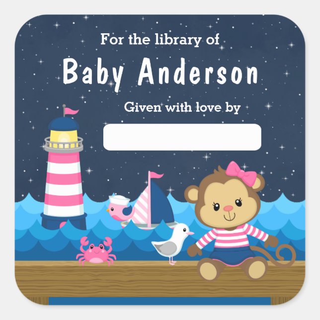 Nautical Girl Monkey Pink und Navy Baby Buchzeiche Quadratischer Aufkleber (Vorderseite)