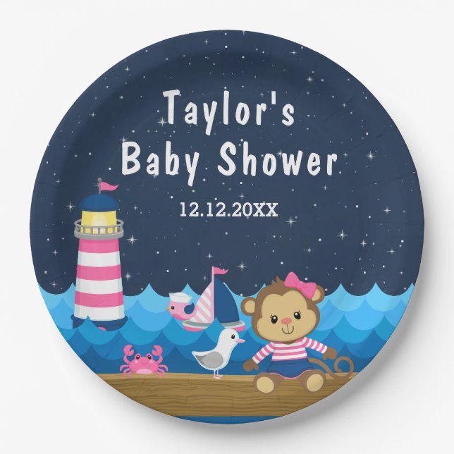 Nautical Girl Monkey Pink und Navy Baby Dusche Pappteller (Vorderseite)