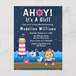 Nautical Girl Monkey Pink und Navy Baby Dusche Postkarte