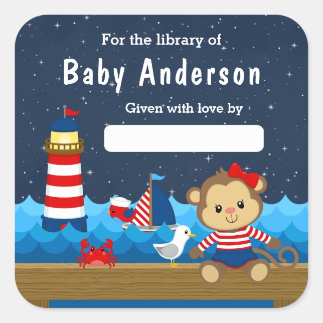 Nautical Girl Monkey Red and Navy Baby Buchzeichen Quadratischer Aufkleber (Vorderseite)