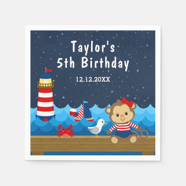 Nautical Girl Monkey Red and Navy Birthday Party Serviette (Vorderseite)