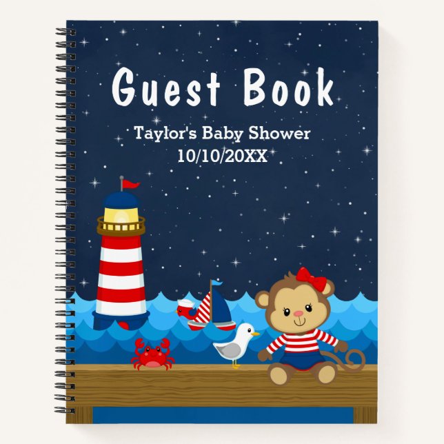 Nautical Girl Monkey Red Baby shower livre d'invit (Devant)