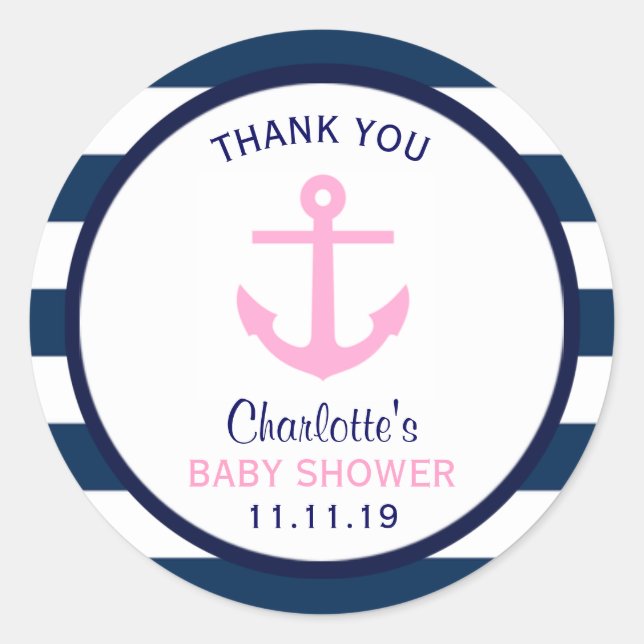Nautical GIRL Pink Navy Blue Baby Dusche Gefallen Runder Aufkleber (Vorderseite)