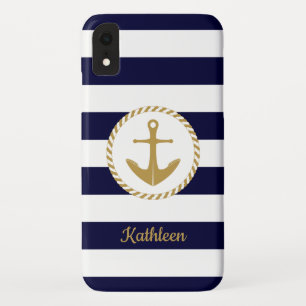 Nautical Gold Anchor Navy Blue and White Stripes Case-Mate iPhone Hülle