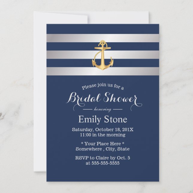 Nautical Gold Anchor Navy Blue Brautparty Einladung (Vorderseite)