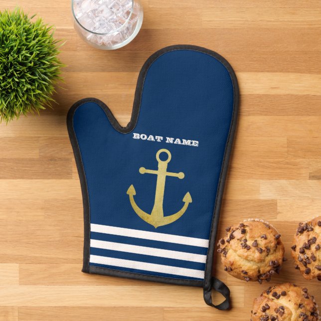 Nautical, Gold Anchor Navy Blue Striped (De haut en bas)