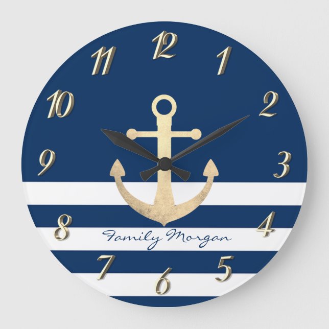 Nautical, Gold Anchor Navy Blue Striped Große Wanduhr (Vorderseite)