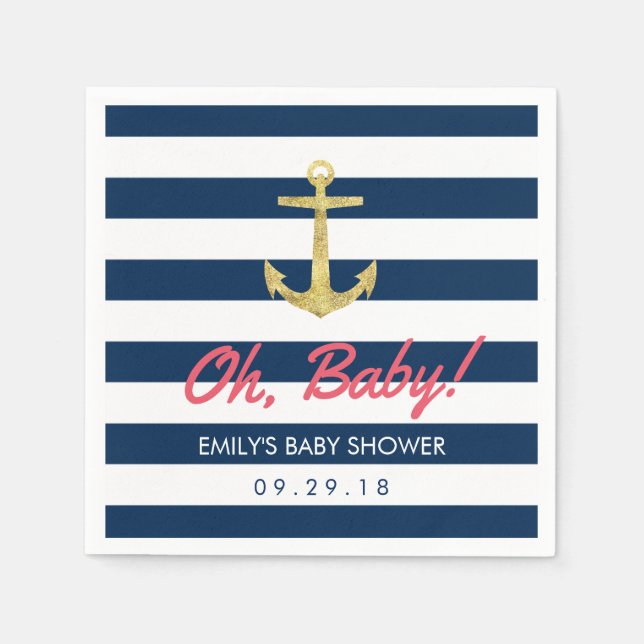 Nautical Gold Anchor Navy Blue Stripes Baby Dusche Serviette (Vorderseite)