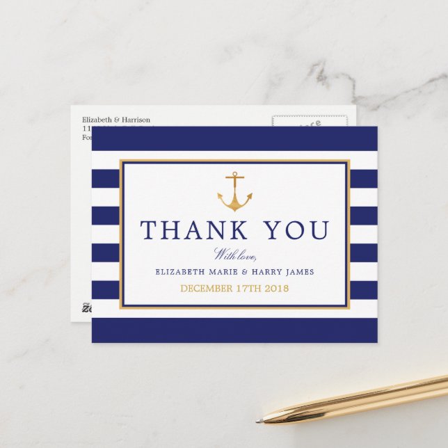 Nautical Gold Anchor, Navy & Gold Vielen Dank Postkarte (Vorderseite/Rückseite Beispiel)
