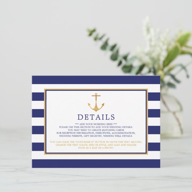 Nautical Gold Anchor, Navy & Gold Wedding Detail Begleitkarte (Stehend Vorderseite)