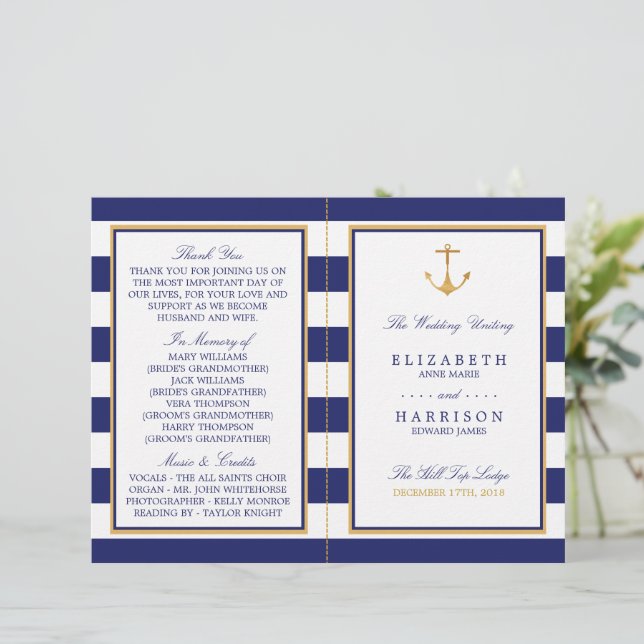 Nautical Gold Anchor, Navy/Gold Wedding Program (Stehend Vorderseite)