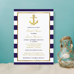 Nautical Gold Anchor Navy Stripe Brautparty Einladung