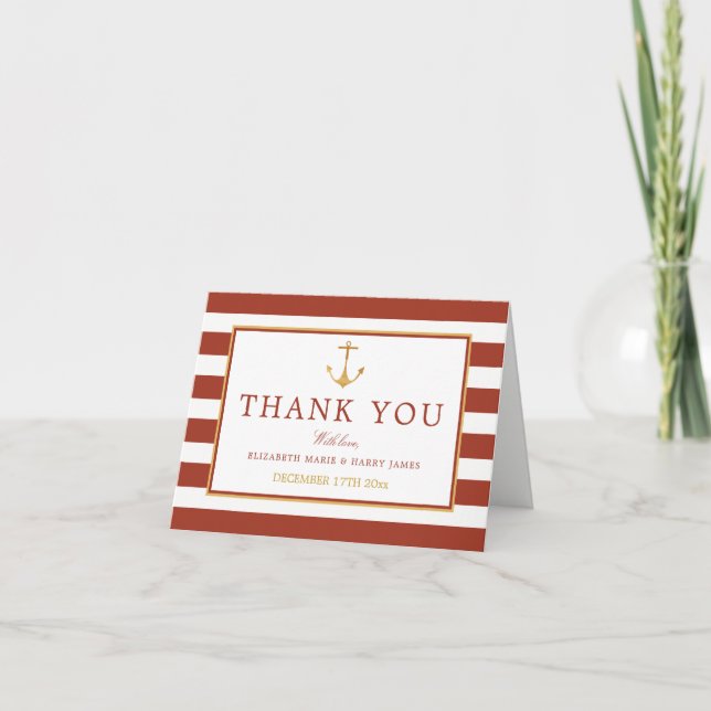 Nautical Gold Anchor, Red Brick & Gold Wedding Dankeskarte (Vorderseite)
