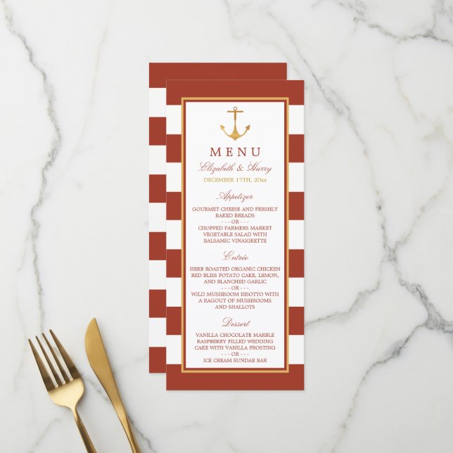 Nautical Gold Anchor, Red Brick & Gold Wedding Menükarte (Vorderseite/Rückseite Beispiel)