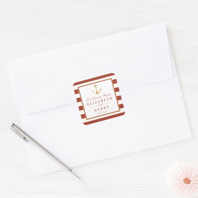 Nautical Gold Anchor, Red Brick & Gold Wedding Quadratischer Aufkleber (Umschlag)